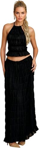 Womens 2 قطعة صيفية الملابس شيفون الرسن أعلى المحصول عاريات المحصول و Tulle Tulle كشكش Maxi مجموعات in Saudi Arabia