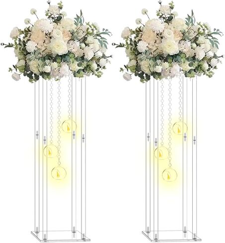 Clear Acrylic Vases Flower Stand Wedding Centerpieces with Hanging Glass Tealight Globe Candle Holders for Event Party Table Decoration Display Rack Column (2, 28 inch) in Saudi Arabia