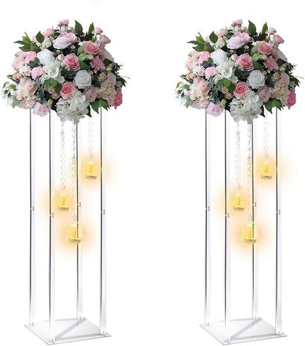 Clear Acrylic Vases Flower Stand Wedding Centerpieces with Hanging Glass Tealight Globe Candle Holders for Event Party Table Decoration Display Rack Column (2, 28 inch) in Saudi Arabia