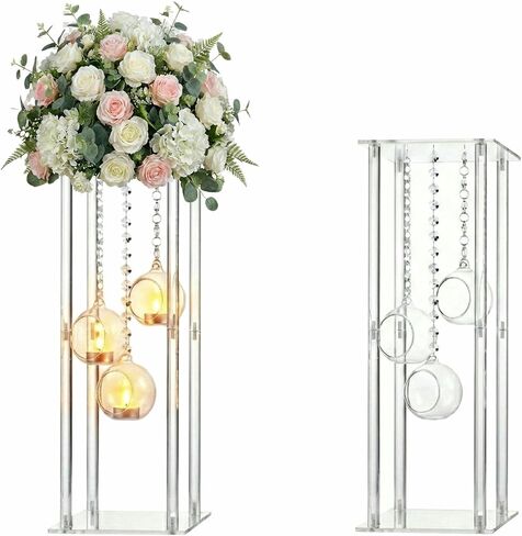 Clear Acrylic Vases Flower Stand Wedding Centerpieces with Hanging Glass Tealight Globe Candle Holders for Event Party Table Decoration Display Rack Column (2, 28 inch) in Saudi Arabia