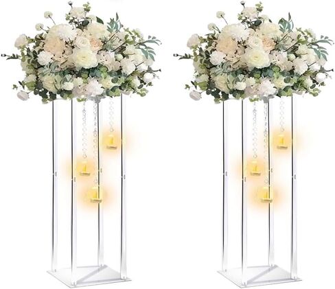 Clear Acrylic Vases Flower Stand Wedding Centerpieces with Hanging Glass Tealight Globe Candle Holders for Event Party Table Decoration Display Rack Column (2, 28 inch) in Saudi Arabia