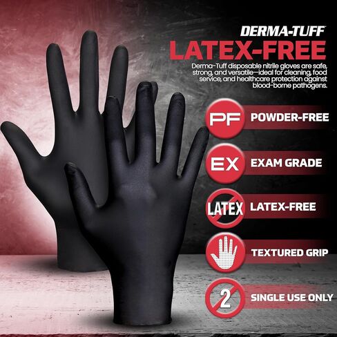 Derma-Tuff Powder Free Nitrile Disposable Gloves | 6 Mil - Sm 100 Ct | Latex Free, Chemical + Puncture Resistant, Fully Textured Grip, Beaded Cuff, for Automotive, Maintenance, Industrial | 66586 in Kuwait