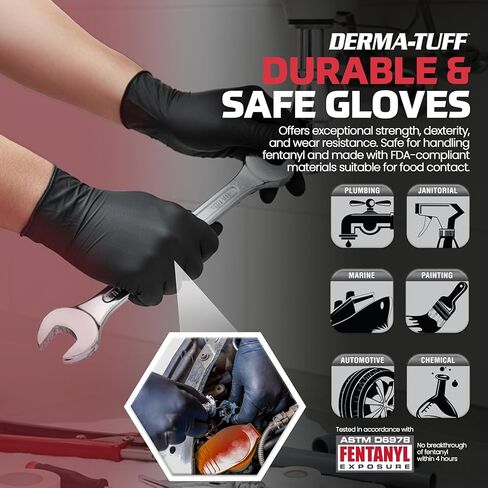 Derma-Tuff Powder Free Nitrile Disposable Gloves | 6 Mil - Sm 100 Ct | Latex Free, Chemical + Puncture Resistant, Fully Textured Grip, Beaded Cuff, for Automotive, Maintenance, Industrial | 66586 in Kuwait