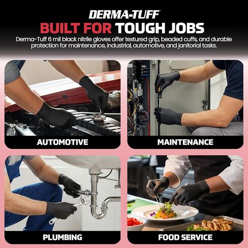 Derma-Tuff Powder Free Nitrile Disposable Gloves | 6 Mil - Sm 100 Ct | Latex Free, Chemical + Puncture Resistant, Fully Textured Grip, Beaded Cuff, for Automotive, Maintenance, Industrial | 66586 in Kuwait