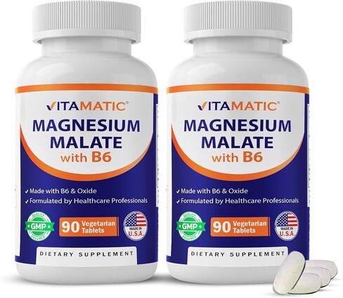 Vitamatic Magnesium Malate 2000mg per Serving - 90 Vegetarian Tablets - Added B6 for Maximum Absorption - Supports Muscle, Joint, and Heart Health* (2 Bottles, Unflavored) in Kuwait