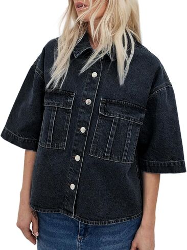 Kedera Womens Button Down Denim Shirts Casual Shirt Casual Collared Short Sleeve Western Pocket Classic Jean Shirt in Saudi Arabia