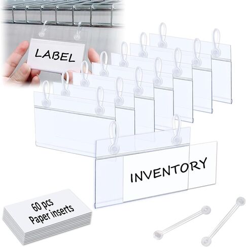 ChanQnTon Shelf Labels 60 Count, Label Holder with Easy Clip Hanger and Matched Blank Label Inserts,Basket Labels and Price Tags,Shelf Tags for Wire Shelving,Labels 3.15x1.57inch in Kuwait