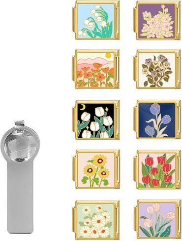 papasgix Italian Charm Bracelet Charms Silver Pack Links Bulk with Opening Tool 9mm Italian Charms 10 Flowers Italian Modular Bracelet Links Handmade DIY Jewelry Moon Sun in Saudi Arabia