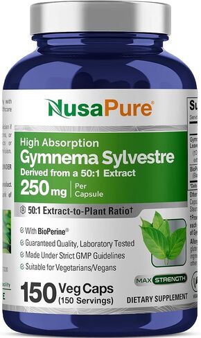 Nusapure Gymnema Sylvestre 50: 1 خلاصة ، 250 ملغ يعادل 12500 ملجم لكل قبعات نباتية - 150 عدد (غير المعدلة وراثيا ، نباتي ، بيوبراين) in Saudi Arabia