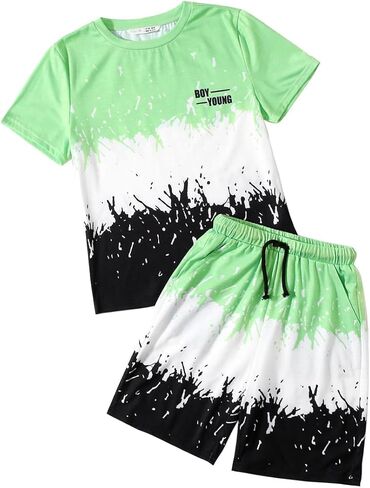 Kids Tween Boy Casual Clothing Set Letter Graphic Colorblock Tee +Shorts Summer Clothing Set in Kuwait