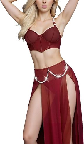 Sheer Mesh Two-Piece Dress with Pearl Accents, Split-Leg Alluring Nightwear Set for Women (Sizes M-XL) in Kuwait