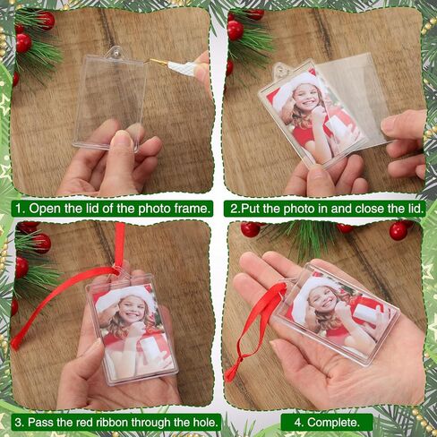 24 Pcs DIY Christmas Frame Ornaments with Red Ribbon, Acrylic Round Photo Frame Bulk, Hanging Photo Christmas Ornaments, Plastic Small Frame Ornament for Christmas Tree Decoration in Kuwait