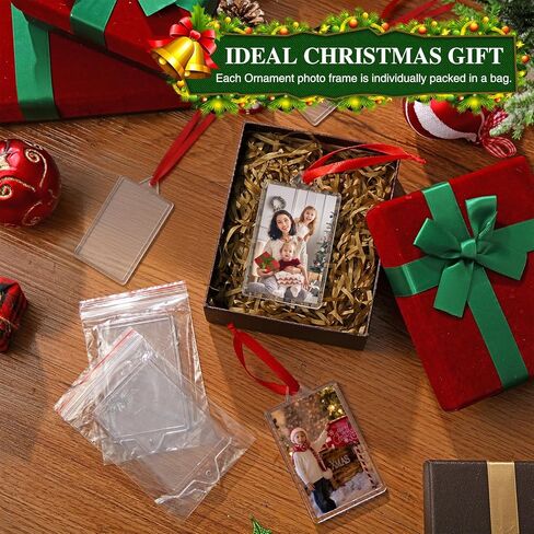 24 Pcs DIY Christmas Frame Ornaments with Red Ribbon, Acrylic Round Photo Frame Bulk, Hanging Photo Christmas Ornaments, Plastic Small Frame Ornament for Christmas Tree Decoration in Kuwait