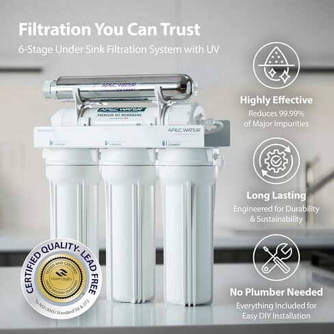 معقم بنفسجي من الطبقة العليا من Essence ROES-UV75، 75 GPD، 6 مراحل، نظام تصفية مياه الشرب بالتناضح العكسي فائق الأمان، غطاء بلاستيكي للأشعة فوق البنفسجية، أبيض in Saudi Arabia