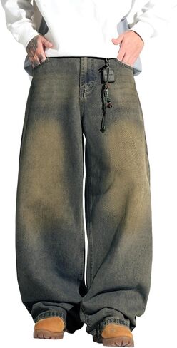 Men's Y2K Hip Hop Street Jeans Gothic Baggy Jeans Wide Leg Denim Pants in Kuwait