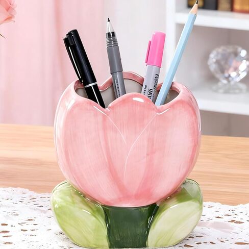 Pen Holder for Office Desk Accessories Aesthetic Pink Makeup Brush Holder Pencil Holder Cute Tulips Home Decor Birthday Gifts for Women Vanity Toothbrush Holder Kawaii Kitchen Utensil Holder in Kuwait