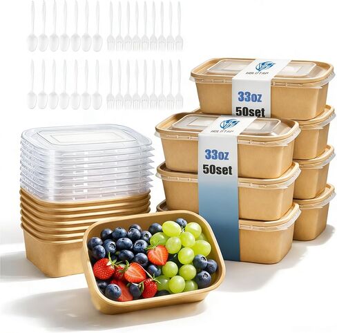 50 قطعة من ورق الكرافت للاستعمال مرة واحدة من هولتاب 50 أونصة مع أغطية، صناديق غداء من الورق المقوى مقاومة للدهون وقابلة للاستخدام في الميكروويف، حاويات إعداد الوجبات قابلة لإعادة الاستخدام للمطعم والمطبخ والحفلات in Kuwait