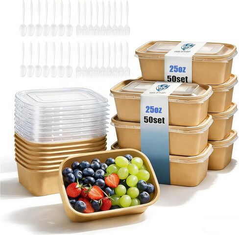 Holotap 50Pcs 70Oz Disposable Kraft Paper To Go Containers With Lids,Microwaveable and Grease Resistant Cardboard Lunch Boxes,Meal Prep Containers Reusable for Restaurant, Kitchen,and Party in Kuwait