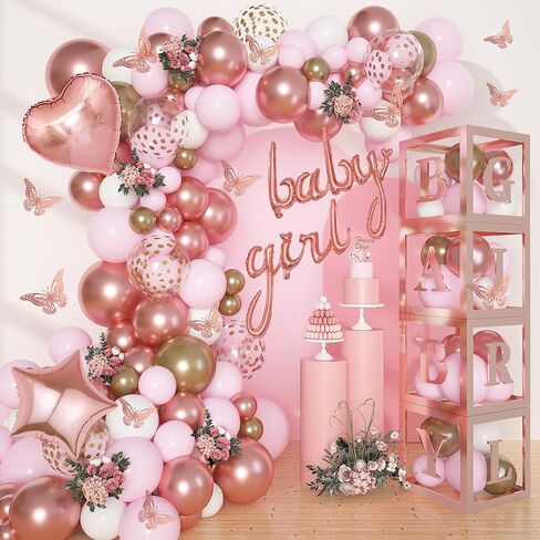 Amandir 134pcs Rose Gold Balloons Baby Shower Decorations for Girl Baby Boxes, Butterfly Stickers Balloon Garland Arch Kit Baby Box with Letter (A-Z+Baby) for Women Birthday Bridal Party Decoration in Kuwait