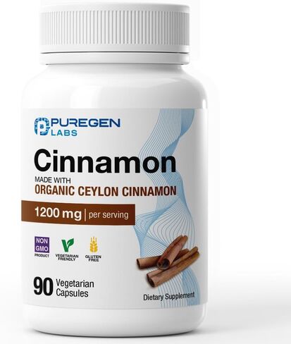 Puregen Labs Organic Cinnamon (Ceylon Cinnamon) 1,200mg Serving 90 Veggie Caps - No Harmful Additives | Non-GMO | Gluten-Free – Made in USA in Saudi Arabia