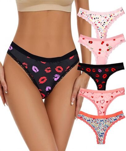 Women 6pcs Sexy Lingerie Gothic Lace Trim Bikinis Hipster Panties Seamless Thongs Underwear Underpants Undies Print in Saudi Arabia