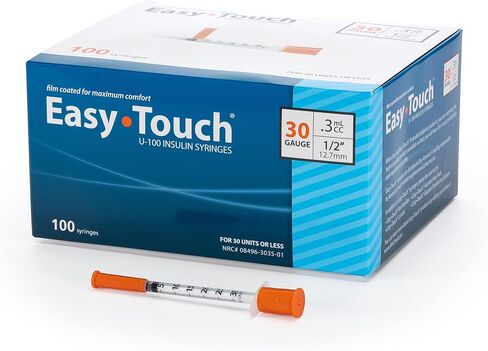 EasyTouch U-100 Insulin Syringe with Needle, 30G 0.3cc 1/2-Inch (12.7mm), Box of 100 in Kuwait