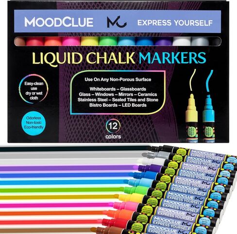 MoodClue 12 neon liquid chalk markers Windows, mirrors, car windshields, auto, glass, whiteboards, chalkboards, bistro boards. Erasable, washable. Wet or dry erase. Reversible thick and thin tip. in Kuwait