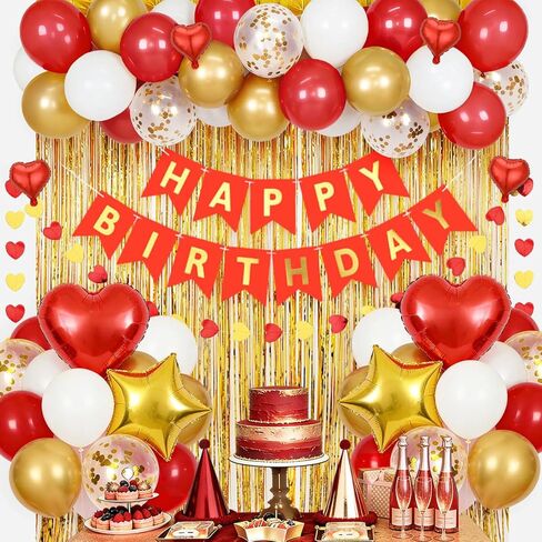 Red Birthday Decorations for Women with HAPPY BIRTHDAY Banner Curtains Heart Star Balloons for 16th 18th 21st 30th 40th 50th 60th Burgundy Birthday Party Supplies (Wine Red) in Kuwait