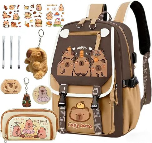 Kapibara Capybara Cartoon Backpack Gift Large Capacity Waterproof Kapibara stuff kawaii backpack with pins and Accessories (Pattern 1) in Kuwait
