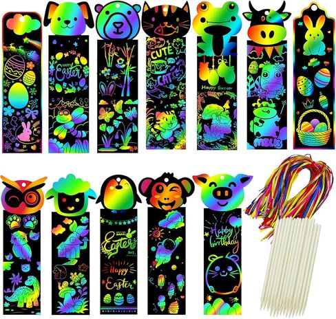 100Pcs Scratch Art Bookmarks Making Kit for Kids, Scratch Paper DIY Animal Bookmarks Bulk with 100 Pcs Ribbons and 100 Pcs Wood Stylus for Classroom Activities Craft Supplies Party Favors in Kuwait