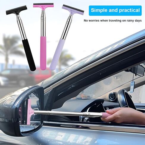 Car Rearview Mirror Wiper, Telescopic Vehicle Side Mirror Glass Squeegee with Long Rod, Retractable Portable Automotive Window Cleaning Tool Accessories, Universal for Most Cars (Purple) in Kuwait