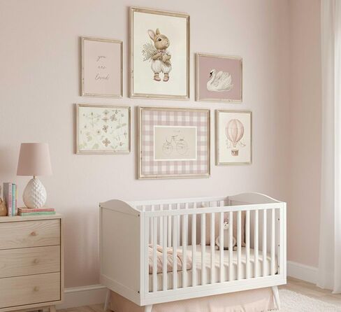 6Pcs Pink Nursery Girl Canvas Wall Art Antique Cute Animal Rabbit Swan Flowers Vintage Girls Room Paintings Pictures Wall Decor Poster Print Artwork for Kid Baby Girls Bedroom Unframed in Saudi Arabia