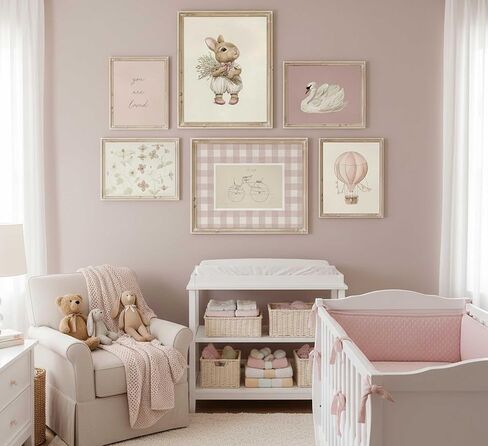 6Pcs Pink Nursery Girl Canvas Wall Art Antique Cute Animal Rabbit Swan Flowers Vintage Girls Room Paintings Pictures Wall Decor Poster Print Artwork for Kid Baby Girls Bedroom Unframed in Saudi Arabia