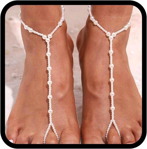 Yalice 2Pcs Pearl Barefoot Sandals Anklet Beach Foot Chain Toe Wedding Ankle Bracelet Jewelry for Women in Saudi Arabia