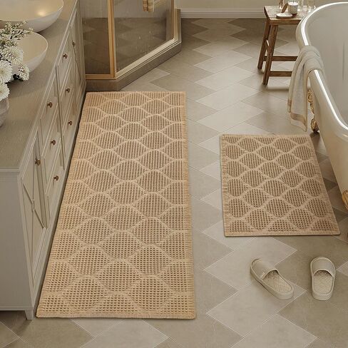 Upgraded Non Slip Bathroom Rugs Sets 2 Piece, Washable Waffle Bath Mats Set, Quick Dry Bathroom Mat, Super Absorbent Kitchen Runner Rug for Hallway, Brown, 18"x30"+24"x48"(2'x4') in Saudi Arabia