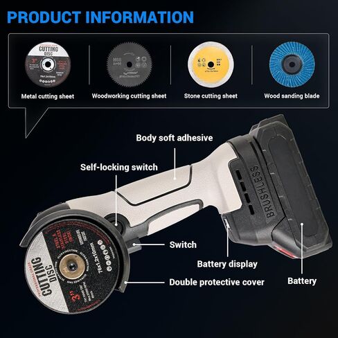 Angle Grinder Tool, Cordless Mini Angle Grinder Brushed with 2pcs 16.8V 2000mAh Battery 5-Cutting Discs 28000rpm,Power Angle Grinder for Wood Metal Stone Concrete (Brush) in Kuwait