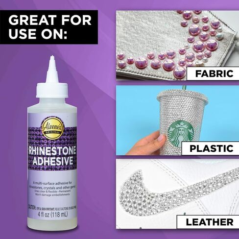Aleene's Rhinestone Adhesive, Permanent Multi-Surface Liquid Glue for Jewels, Crystals, Rhinestones, Fashion & Decor Embellishments - Dries Clear & Flexible on Fabric, 4 fl oz in Kuwait