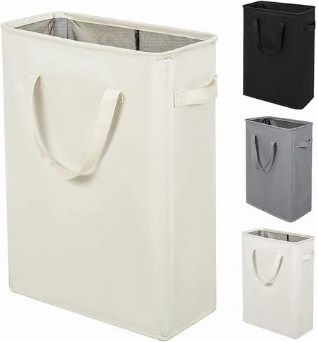 ZERO JET LAG Slim Laundry Hamper With Handles Collapsible Small Laundry Basket Thin Dirty Clothes Basket Narrow Laundry Bag Foldable Dirty Cloth Hamper 45L (22 inches,Beige) in Saudi Arabia