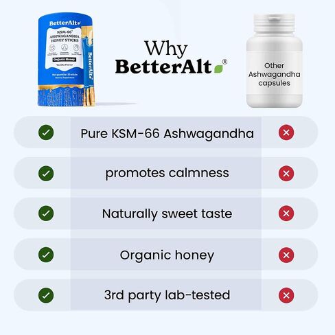 أفضل alt KSM 66 عصي عسل Ashwagandha | العسل العضوي متعدد اللولبية | يساعد على تعزيز الاسترخاء ، التركيز | ملحق غذائي لمدة شهر واحد in Kuwait