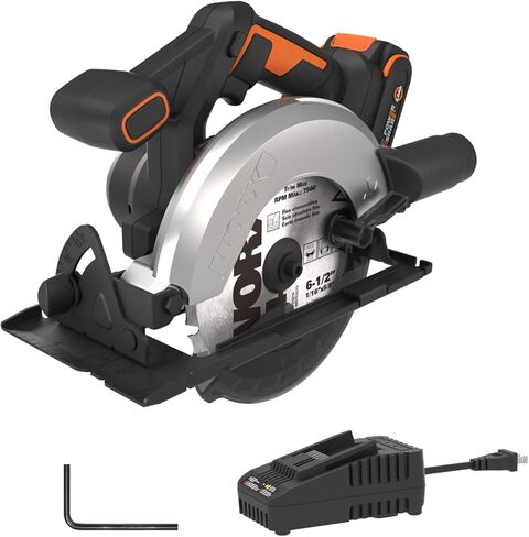 WORX 20V Cordless Electric Circular Saw 6-1/2'' Max. 2-3/16" Cutting Depth 4700 Rpm 0-50° Bevel Capacity 2.0 Ah Battery and Charger Included WX526L in Kuwait