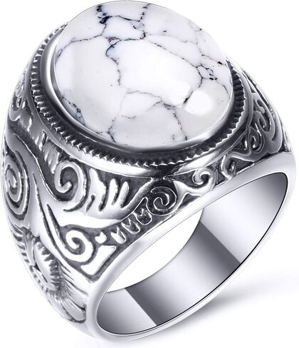 Vqysko Retro Turquoise Ring للرجال والنساء | خاتم الفيروز البيضاوي الفولاذ المقاوم للصدأ للرجال والنساء | هدية مثالية لأبي صديقها الأزرق/الأسود/البني/اللون الأبيض للاختيار in Kuwait