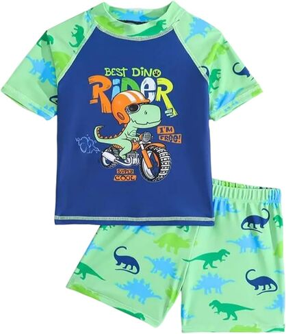Toddler Boy Swimsuit 2-Piece Rash Guard Shirt Trunks Swim Sets | Short Sleeve Rash Guard,Summer Beach Pool Swimwear,Neon Color,UPF 50+,Dinosaurs Sharks Cartoon,Drawstring,Inner Lining in Saudi Arabia