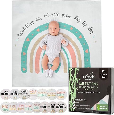 بطانية قماط Bamboo Organic Bamboo (120 x120 سم) - 47 × 47 بوصة مع 6 بطاقات معلمة و 9 بطاقات بيان | بطانية تعقب نمو الأطفال للبنين والبنات in Kuwait