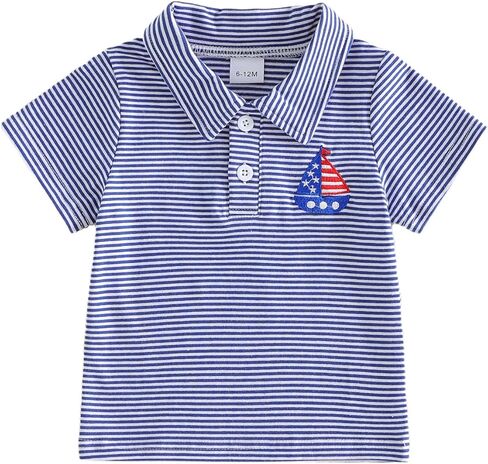 Toddler Baby Boy 4th of July Polo T Shirt Dog and American Flag Embroidered Lapel Collar Button Striped Blouse Tops in Saudi Arabia