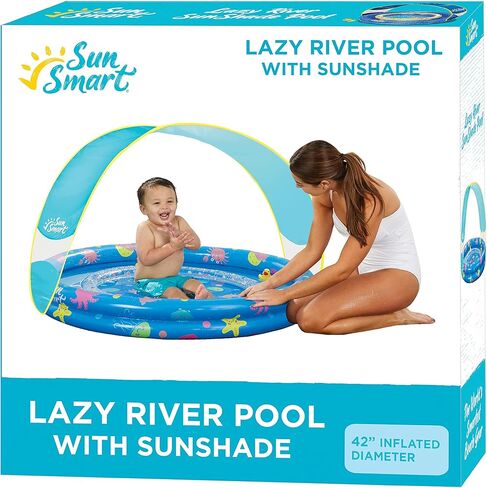 مسبح SunSmart Lazy River Kiddie - حمام سباحة للأطفال قابل للنفخ مع لعبتي بط ومظلة شمسية قابلة للإزالة - أزرق داكن/أصفر in Kuwait