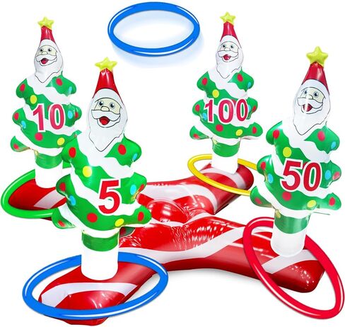 TURNMEON Giant Inflatable Christmas Tree Ring Toss Party Game Toys Kids Adults Family Stocking Stuffers Christmas Party Supplies Favors Decoration Indoor Outdoor Games(4 Score Santa Base, 4 Rings) in Saudi Arabia