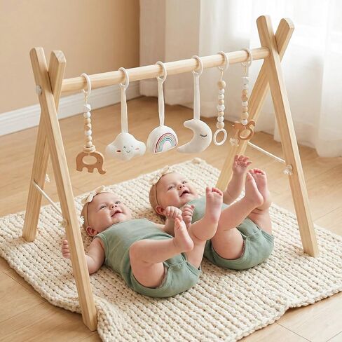 Wooden Baby Gym with 6 Gym Toys, Foldable Baby Play Gym, Natural Pine Wood Play Gym, Frame Activity Center Hanging Bar, Wooden Play Gym in Kuwait