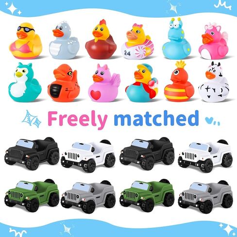 24 Pcs Jeep Ducks Rubber Ducks, 3.5 Inch Jeep Ducks for Ducking, Jeeps Suitable for 2 Inch Ducks, 12 Rubber Ducks Assortment with 12 Jeeps, Baby Bath Toy Christmas Party Favors Birthdays Gifts in Kuwait
