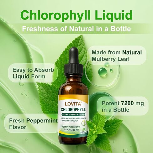 Lovita Chlorophyll Liquid 120mg per mL, High Potency Concentrated | Internal Deodorant, Skin Health, Energy Booster & Immune Support | from Natural Mulberry Leaf | 2 Fl Oz in Kuwait