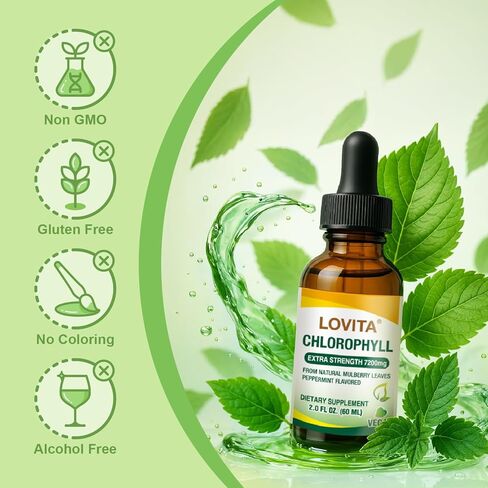 Lovita Chlorophyll Liquid 120mg per mL, High Potency Concentrated | Internal Deodorant, Skin Health, Energy Booster & Immune Support | from Natural Mulberry Leaf | 2 Fl Oz in Kuwait
